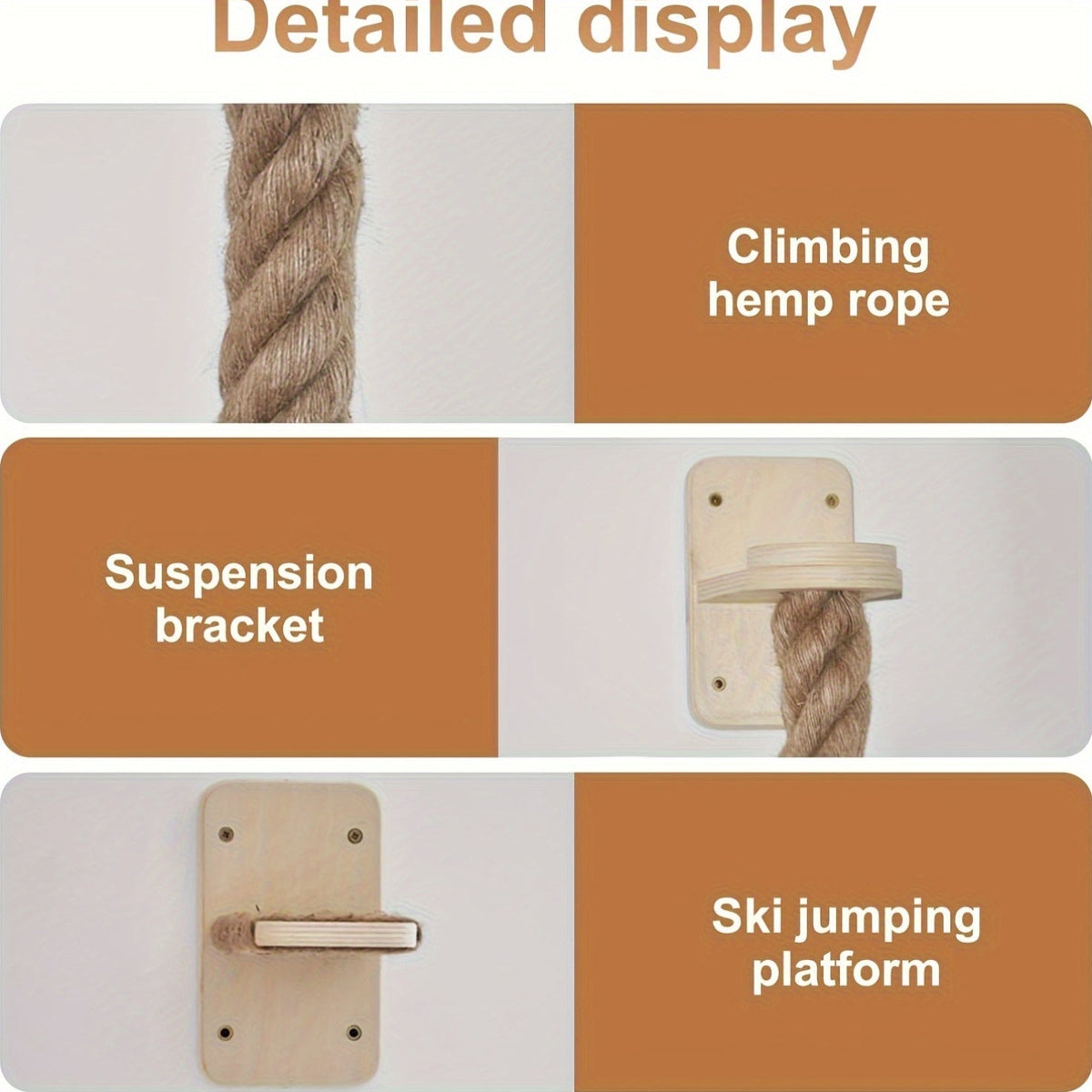 Wall-Mounted 60in Cat Climbing Rope Set with Upper Bracket, Lower Anchor and Small Wood Perch