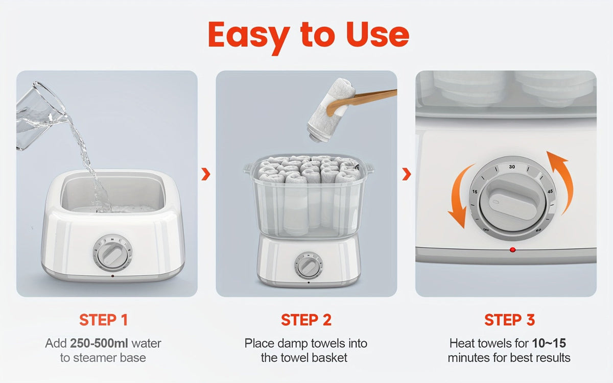 Compact Countertop Towel Steamer with Rotary Control, Black or White Base and Removable Clear Container