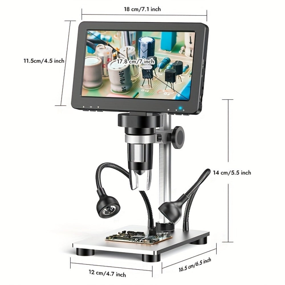 7 Inch LCD Digital Microscope 1200X Magnification, DM9 Coin Microscope 12MP Camera, 8 LED Lights, 32GB Card, Windows Compatible, USB Wired