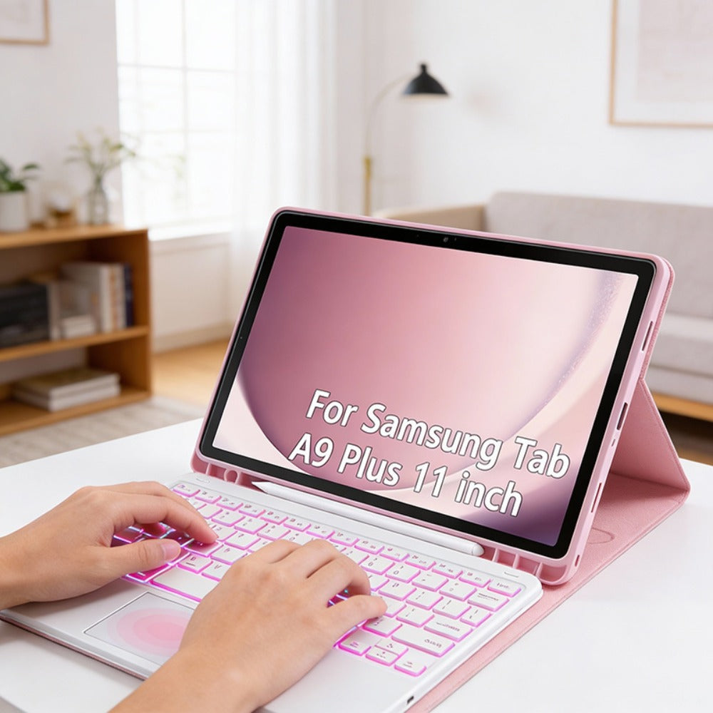 Black or Pink Backlit Touchpad Keyboard Folio for Samsung Galaxy Tab A9+ 11-Inch with Detachable Design
