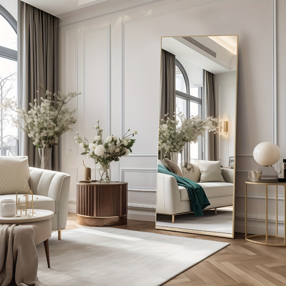 Full-Length Floor Mirror in 59 × 16 or 64 × 21 Inch Arched and Rectangular Black or Gold Frame Options