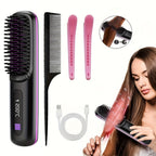 Compact Rechargeable Straightening Brush in Black or White with Display, Comb and USB Cable