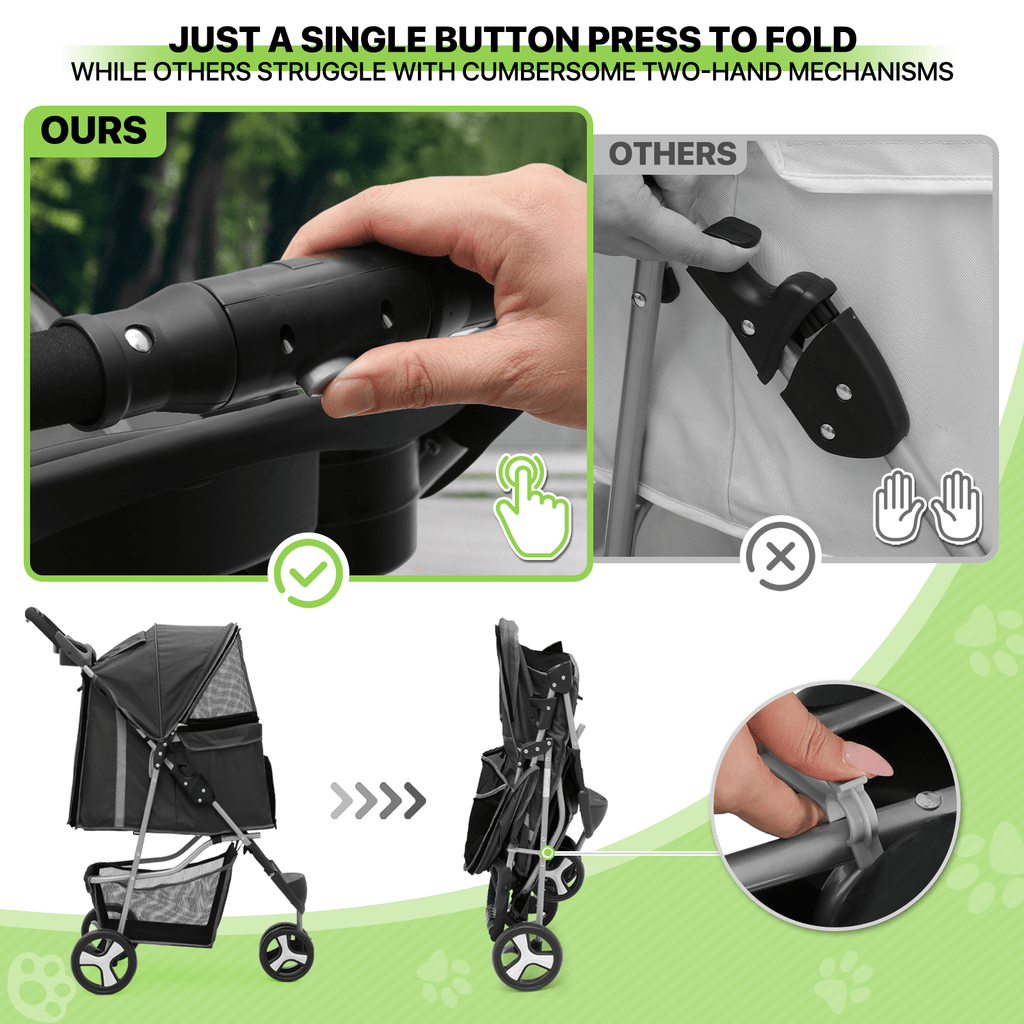 Three-Wheel Pet Stroller with Folding Mesh Cabin, Cup Tray, Lower Basket and Eleven Color or Print Options