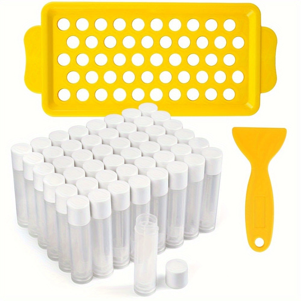 Empty Lip Balm Tubes 50 Pack with Filling Tray & Spatula, 5.5ml Clear BPA Free DIY Lip Balm Making Kit, Food