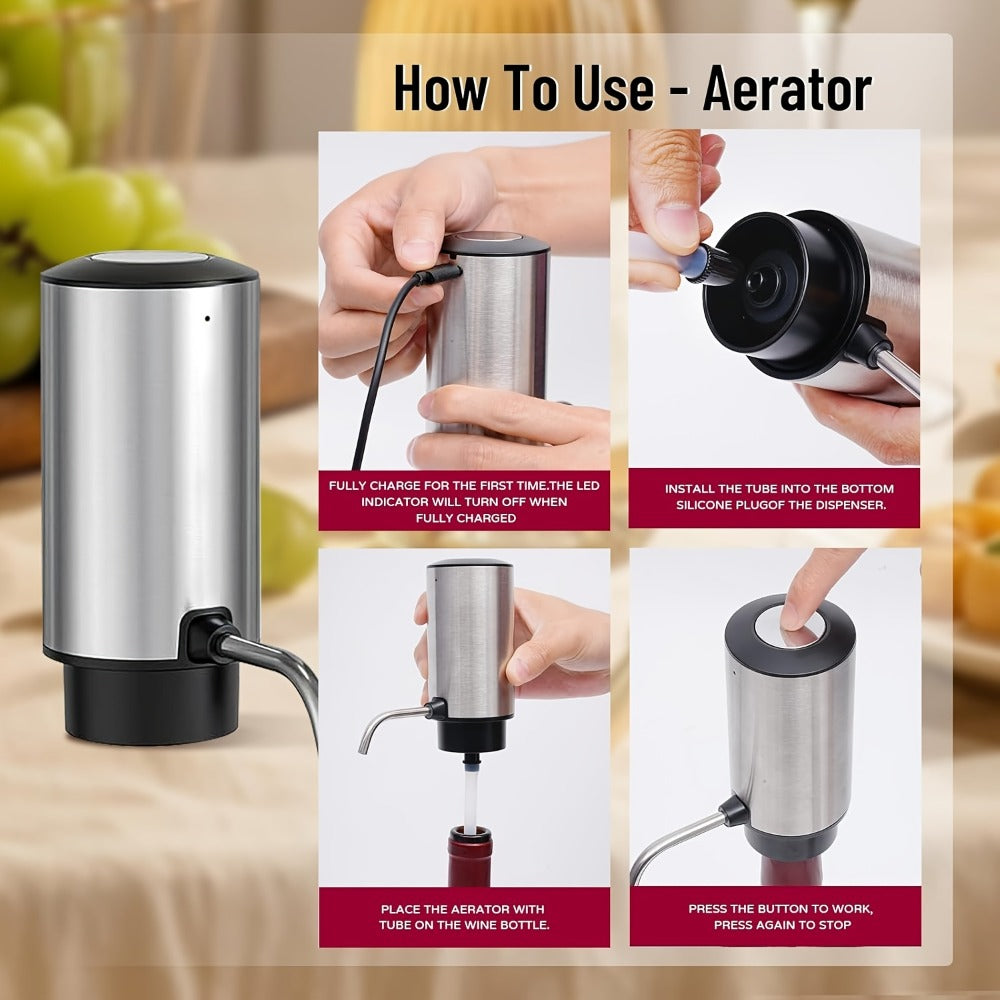 Electric Wine Opener Gift Set 7-in-1 Rechargeable Automatic Corkscrew Stainless Steel with Aerator Pourer Vacuum Stoppers Foil Cutter