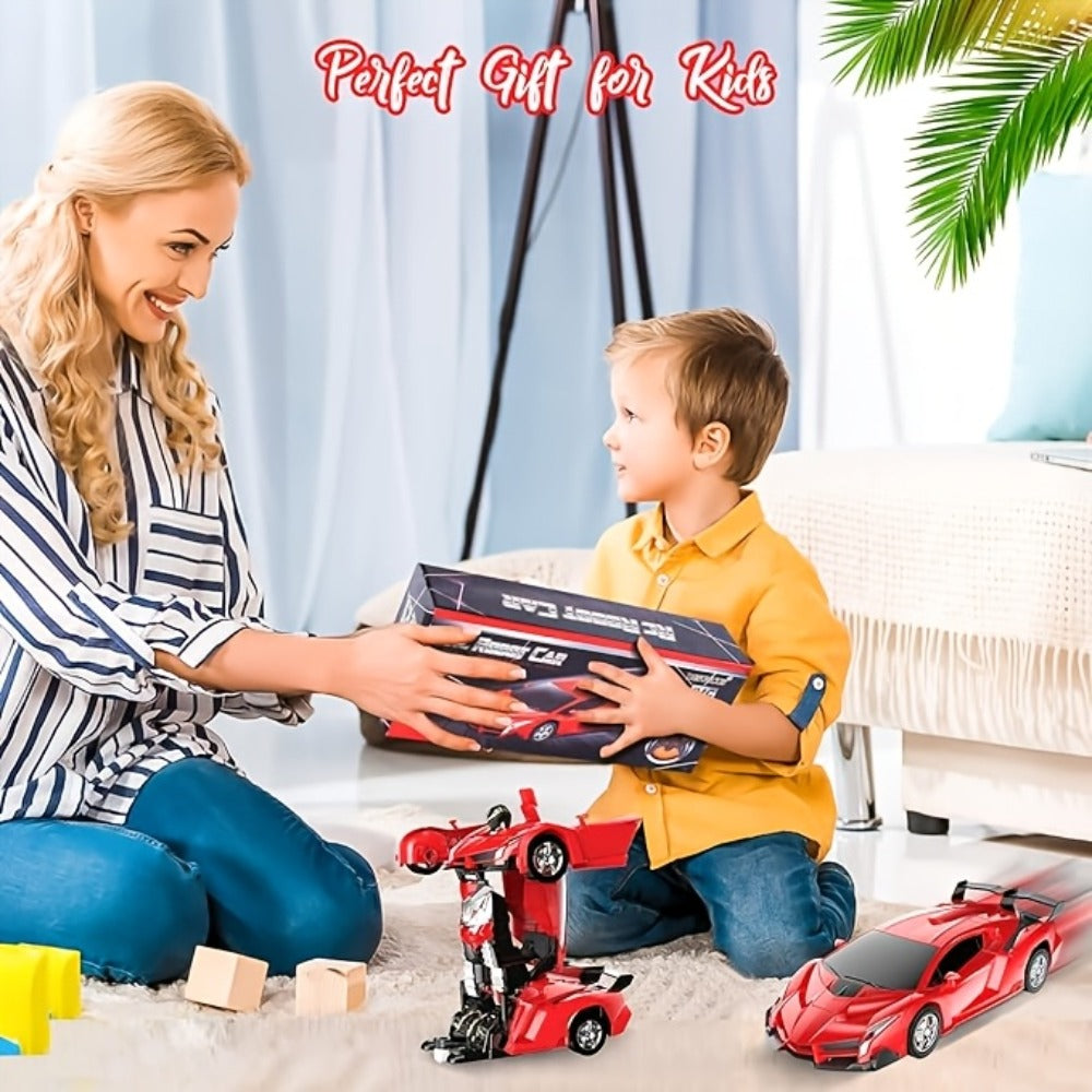 Remote Control Car, 1:18 Transforming Robot Model with One-Button Change, LED Lights, 360° Drift and Four Colors
