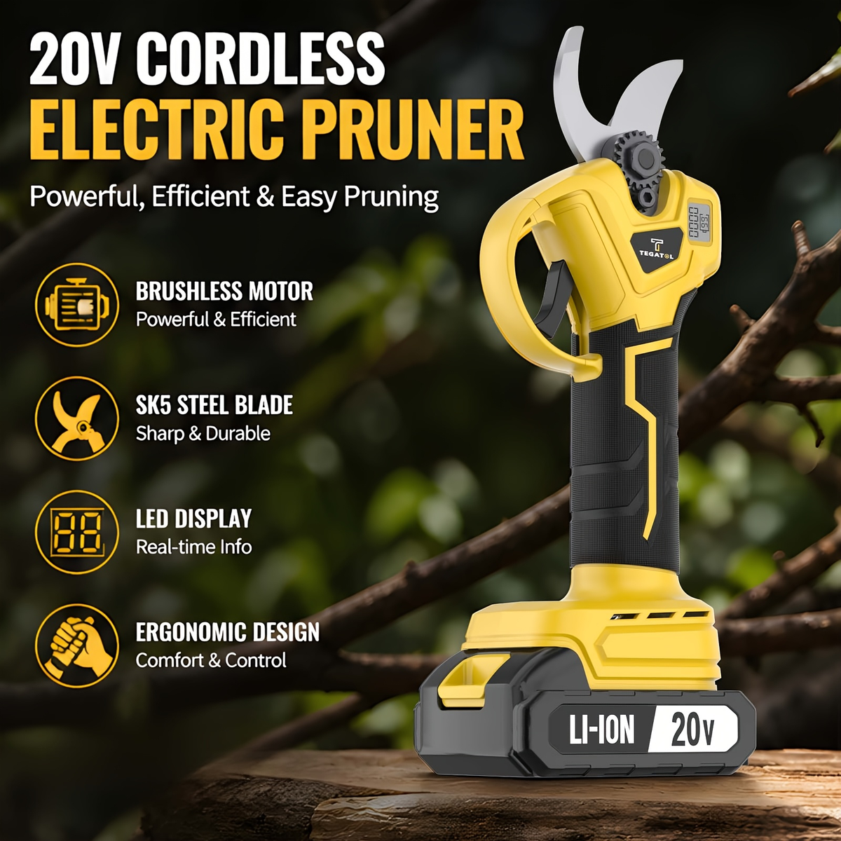 20V-Labeled Cordless Pruning Shears with Display, Yellow or Green Body and One- or Two-Battery Kits