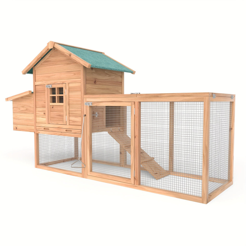 Wooden Chicken Coop with 80.75in Run, Nest Box, Ramp and Brown Frame for Outdoor Backyard Poultry