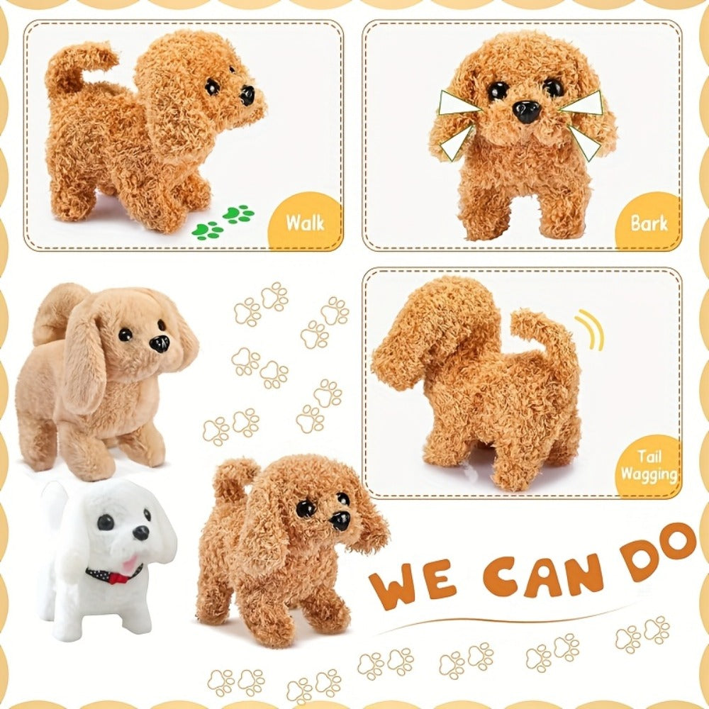 Electronic Plush Puppy Toy in Teddy Brown with Walking, Barking, Hip-Twist and Tail-Wagging Movements
