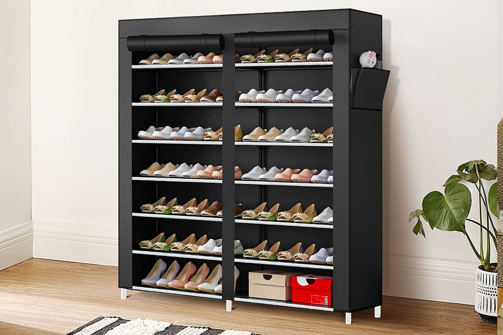 Shoe Rack 9-Tier Portable Double-Row Organizer for Up to 42 Pairs with Black Nonwoven Fabric Cover