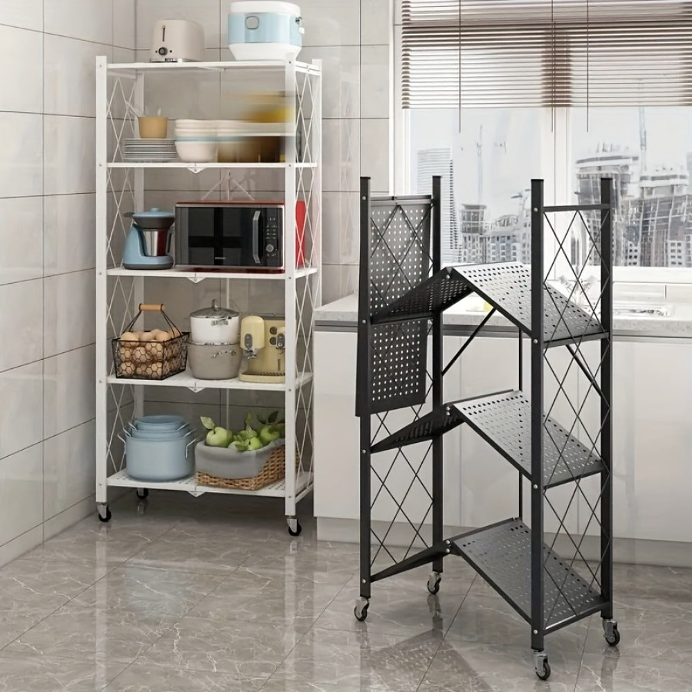 Rolling Foldable Metal Storage Shelf with Three-, Four- or Five-Tier Options in Black or White