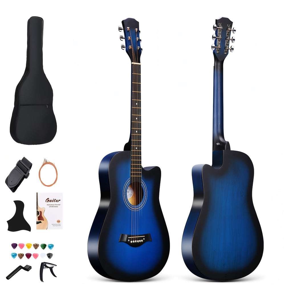 Acoustic Guitar Full-Size Blue Cutaway Set with Included Carry Bag and Accessory Layout for Practice