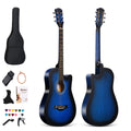 Acoustic Guitar Full-Size Blue Cutaway Set with Included Carry Bag and Accessory Layout for Practice