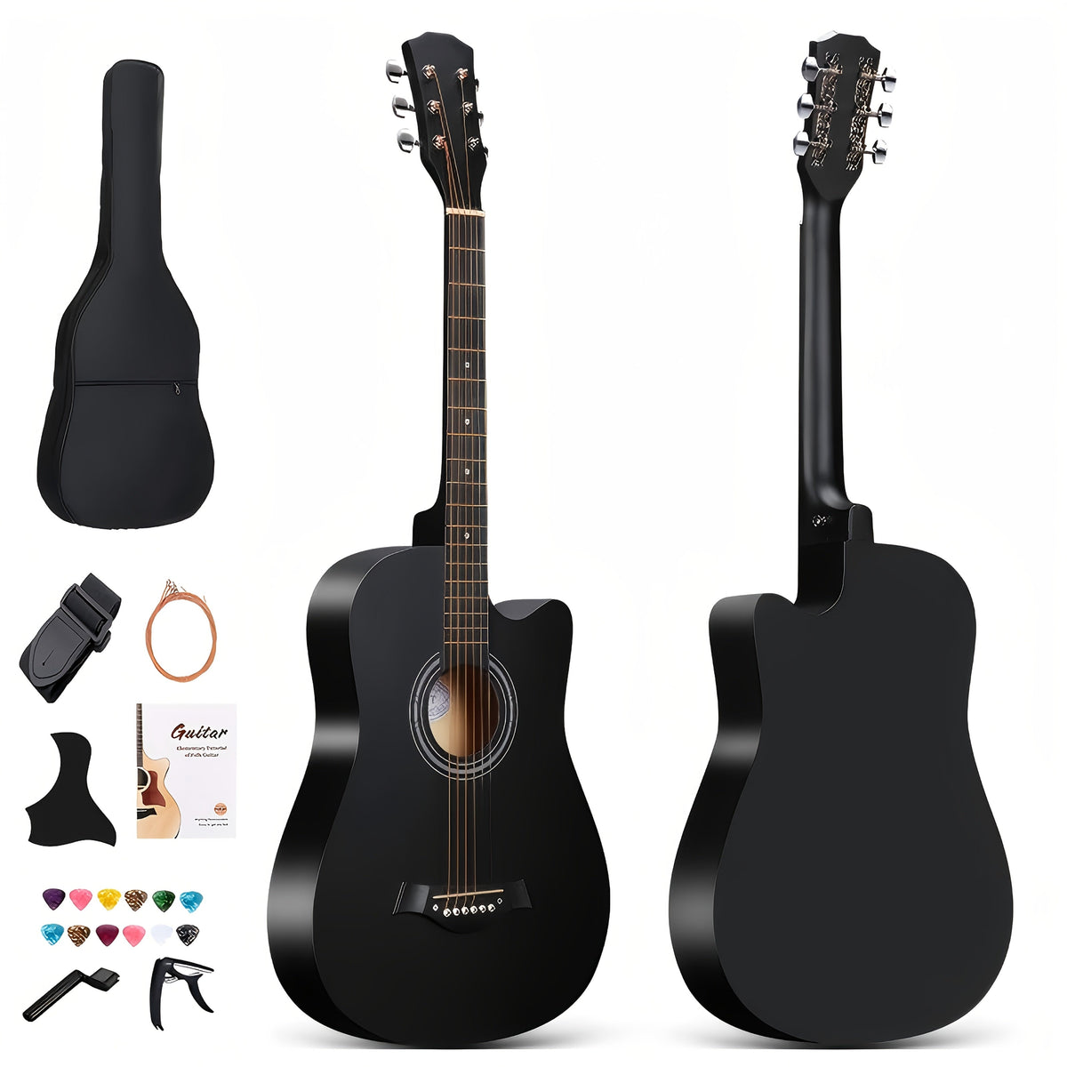 Acoustic Guitar 38-Inch 18-Fret Steel-String Set in Black with Half-Closed Tuning Pegs and Bag