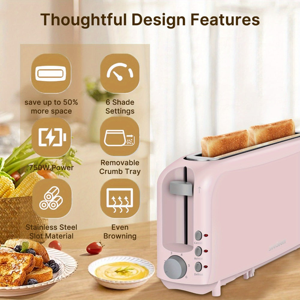 750W Slim Two-Slice Toaster with Six Shade Settings, Reheat, Defrost, Crumb Tray and Six Color Options