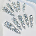 Press On Nails 10-Piece Extra-Long Pointed Almond Set with Silvery Rhinestones, Charms and Adhesive Stickers