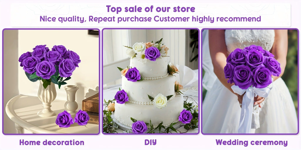 Artificial Flowers 10-Piece Silk Rose Set with 19.69-Inch Bendable Stems in Deep Purple or Dark Green