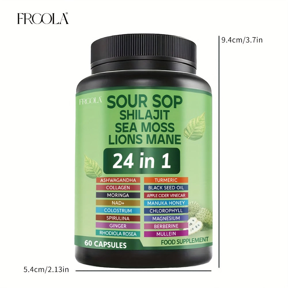 Soursop Graviola Supplement Capsules 24-in-1 with Sea Moss, Shilajit, Lion’s Mane, Vitamin D3, Black Seed Oil