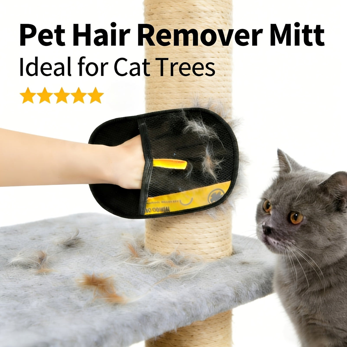 Reusable Fabric Pet Hair Removal Mitt Set with Four Black Mitts and Yellow Hand Straps for Upholstery