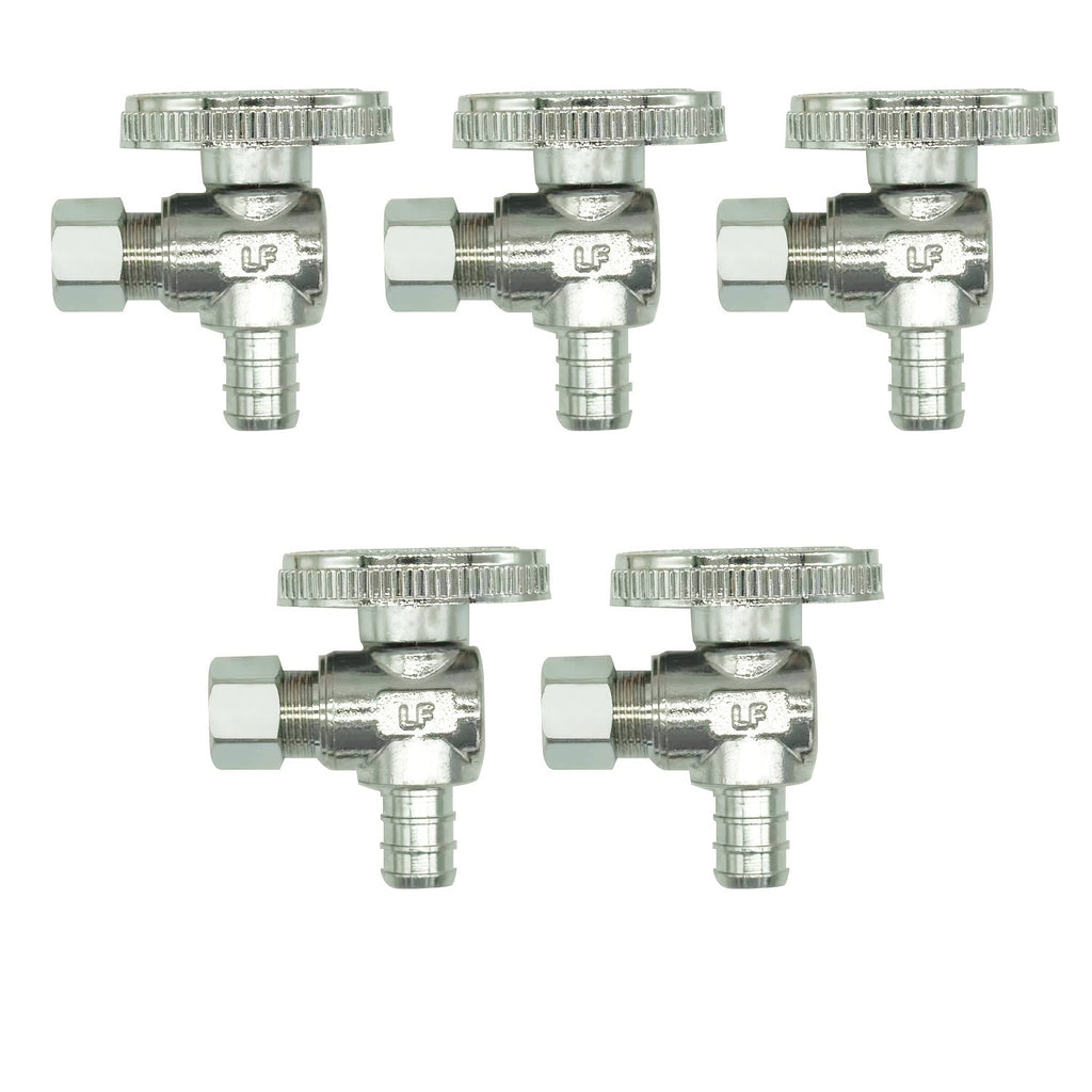PEX Angle Stop Valve 5pcs – 1/2" PEX x 3/8" OD Compression, 1/4 Turn Shut-Off Valve, Chrome Brass