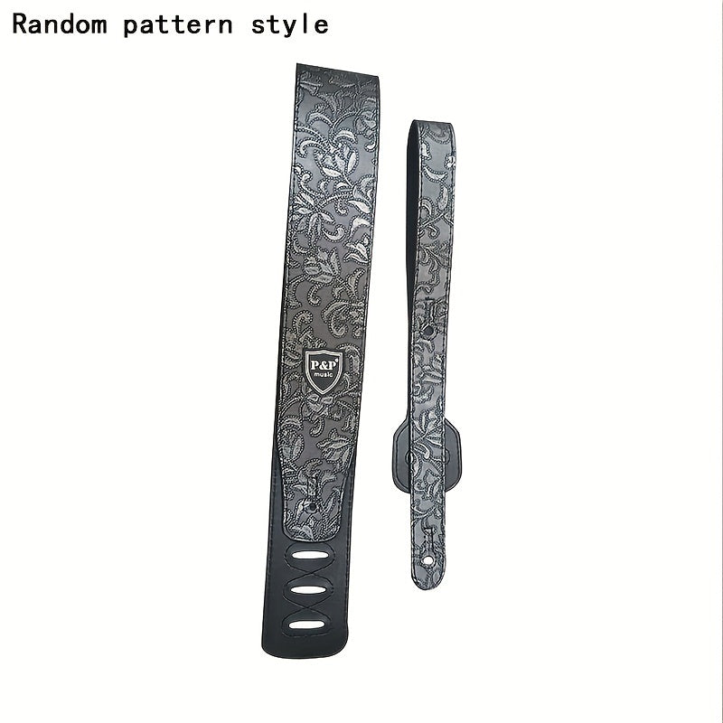 Embossed Wide Guitar Strap with Adjustable Length, Padded Shoulder Section and Silver Gray or Golden Brown Pattern Options