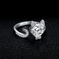 Adjustable Silver-Tone Cat Ring with Clear Round Center Stone, Pink Ear Accents and Curved Tail Band