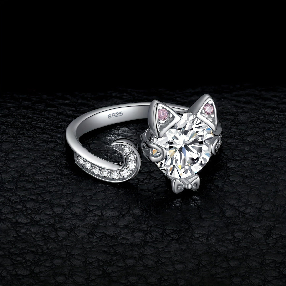 Adjustable Silver-Tone Cat Ring with Clear Round Center Stone, Pink Ear Accents and Curved Tail Band