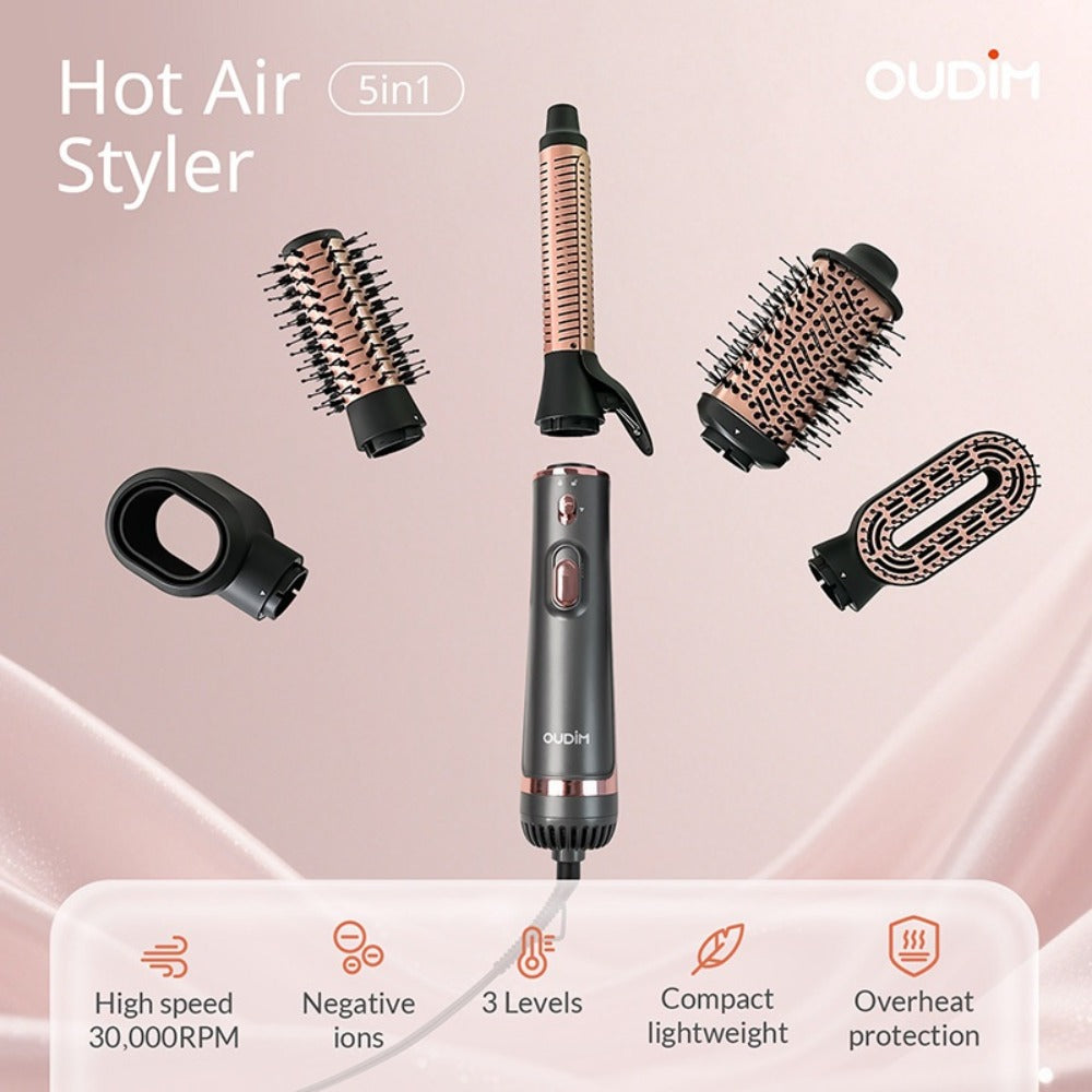 5-in-1 Hot Air Styling Comb Set Negative Ion Hair Dryer Brush with 5 Interchangeable Heads, for Home, Travel and Salon Hair Styling
