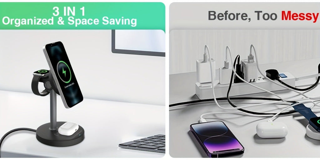 Wireless Charging Station, 3-in-1 Qi-Labeled Stand for iPhone, Apple Watch and AirPods Models in Six Colors