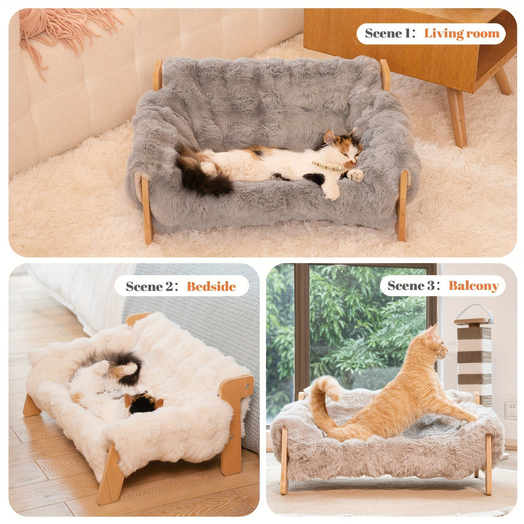 Raised Solid Wood Pet Couch Bed Elevated Modern Cat & Dog Sofa Chair 27x18x12 Inch – Thick Wide Wood Frame Space-Saving Cozy Pet Furniture