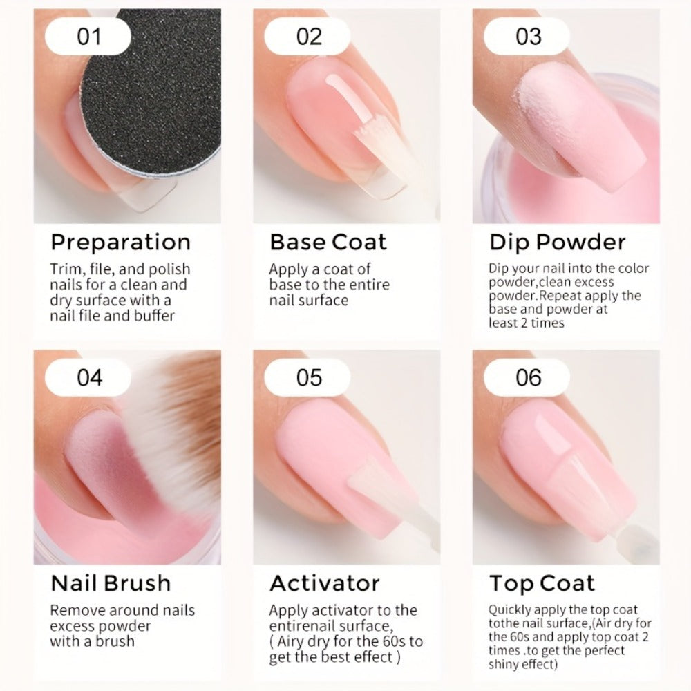 Dip Powder Nail Kit with NOCIS Label, Four Nude Pink Glitter Powders, Three 10ml Liquids and Four Tools