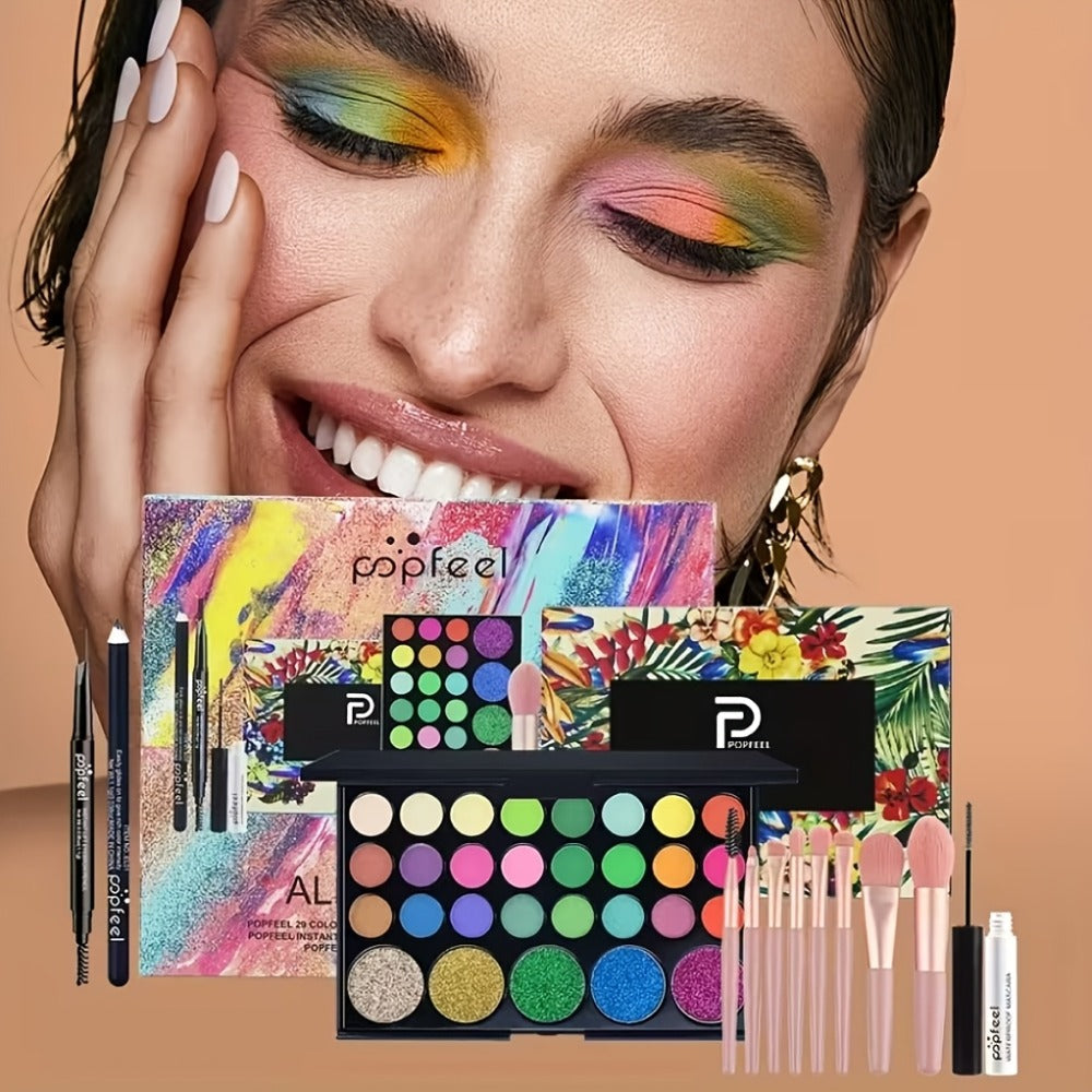 Makeup Kit Full Face All in One Eyeshadow Palette Blush Powder Foundation Mascara Brush Set, for Makeup, Travel and Everyday Vanity Use