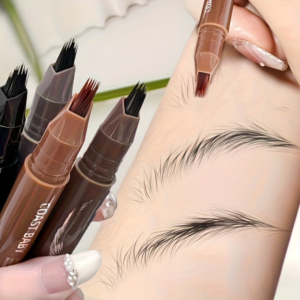 Four-Pack Multi-Fork Tip Eyebrow Pens in Four Color Labels with Capped Bodies and Approx. 11.3 cm Length