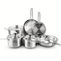 Stainless Steel Cookware Set with 10 Pieces, Three Frying Pans, Three Saucepans and Four Glass Lids
