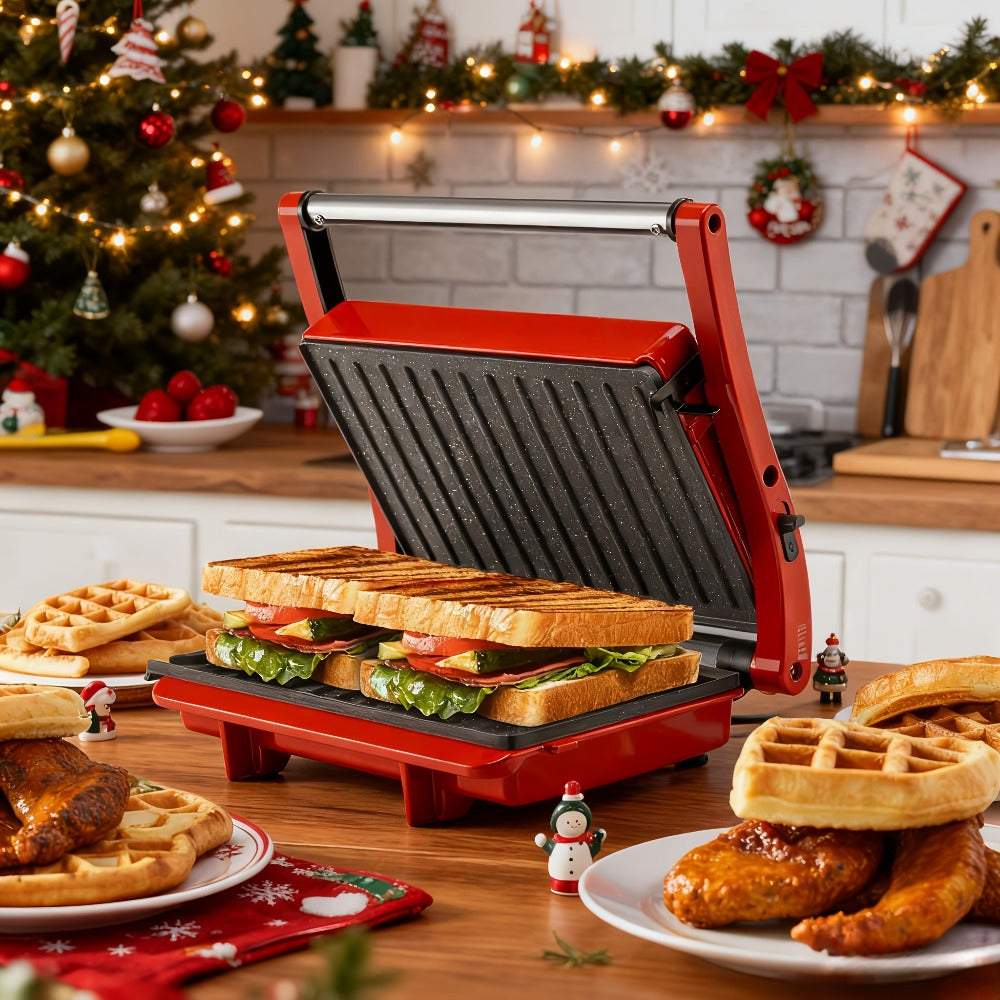 Panini Press Grill 3-in-1 Electric Indoor Grill with Non-Stick Plates - 180° Flat Grill for Entryways, Bedrooms and Living Spaces