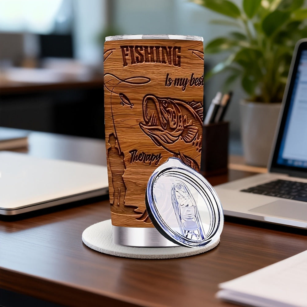 20oz Brown Fisherman-Graphic Tumbler with Clear Lid, Metal Straw and 7.2 x 17.5 cm Pictured Size