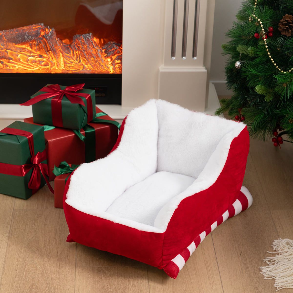 Red Velvet Dog Bed with Natural-Color Faux Fur Interior, Raised Round Sides and 20- or 26-Inch Size
