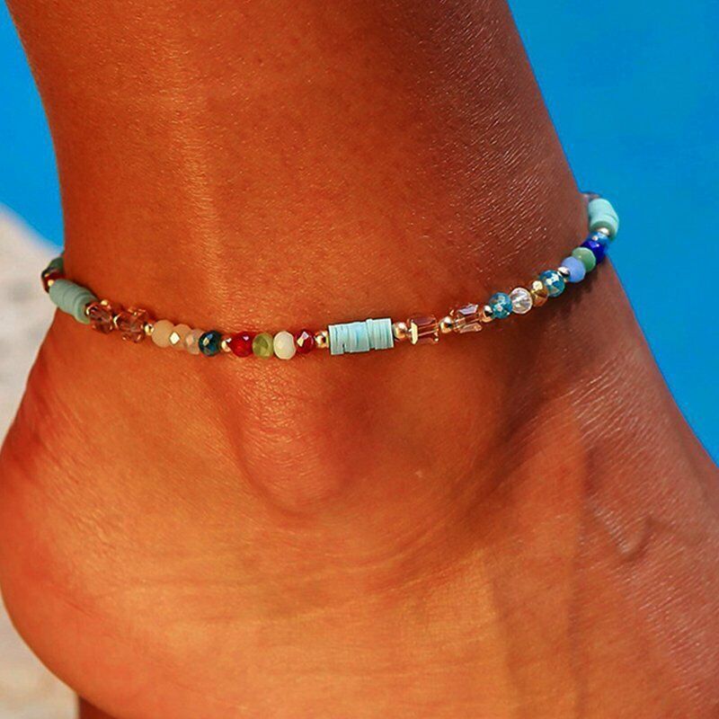 Colorful Beaded Anklet with Turquoise-Color Barrel Beads, Gold-Tone Clasp and 5 cm Extension
