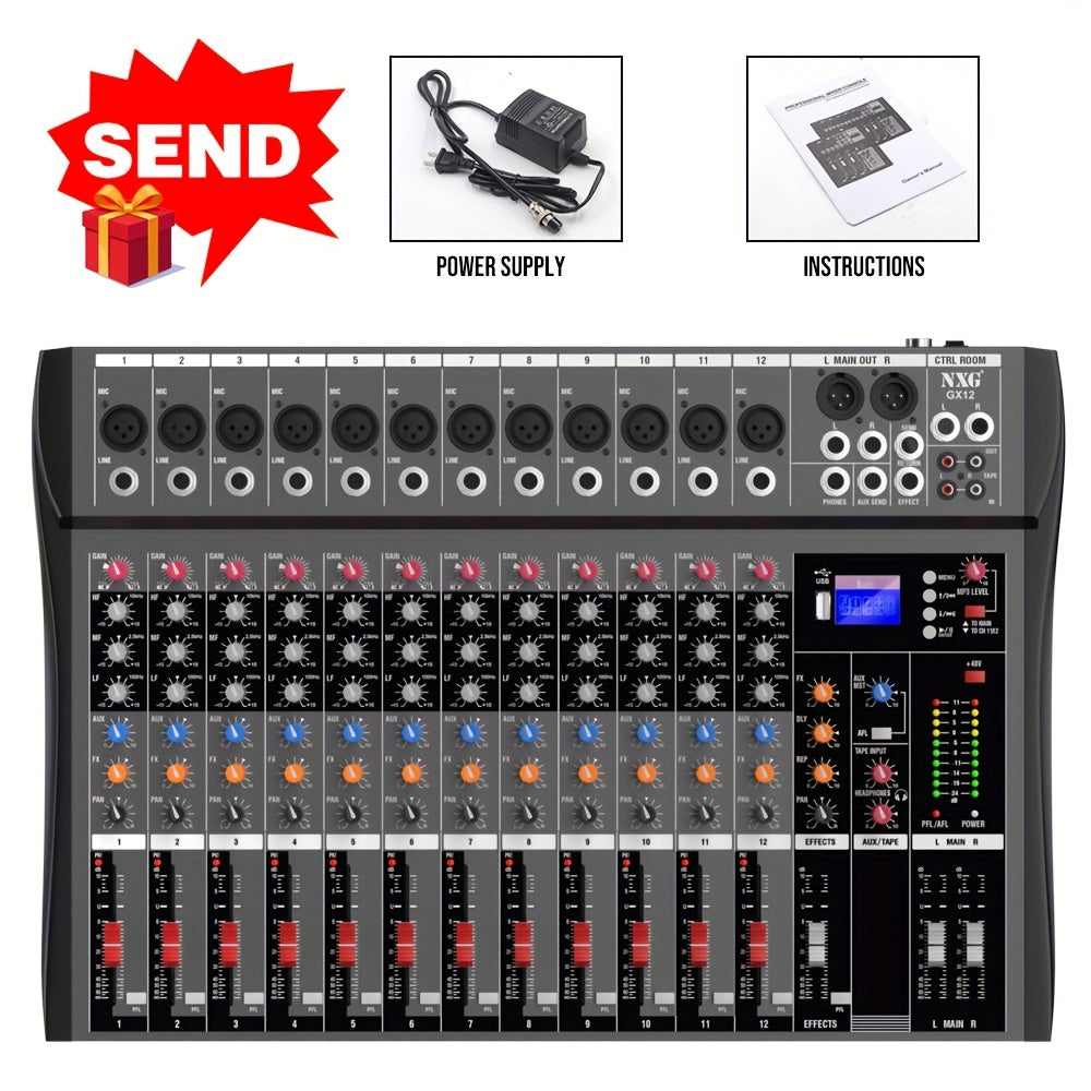 12-Channel Audio Mixer Console with Three-Band Equalizer Labels, USB Marking, Display and Three Model Options