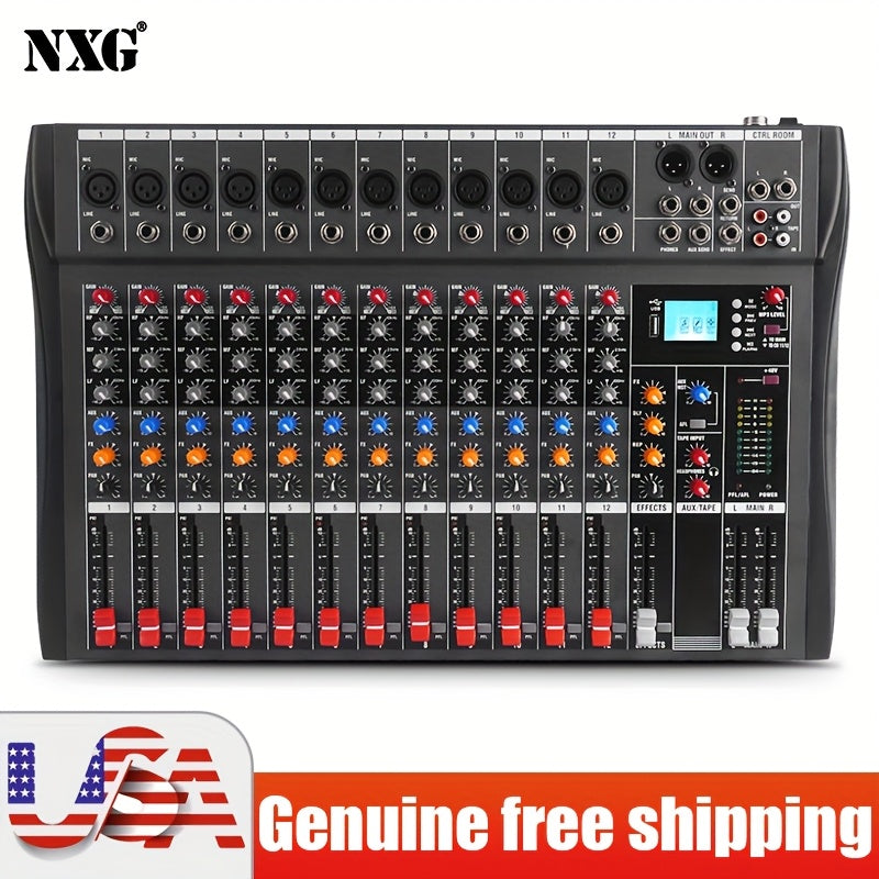 12-Channel Audio Mixer Console with Three-Band Equalizer Labels, USB Marking, Display and Three Model Options