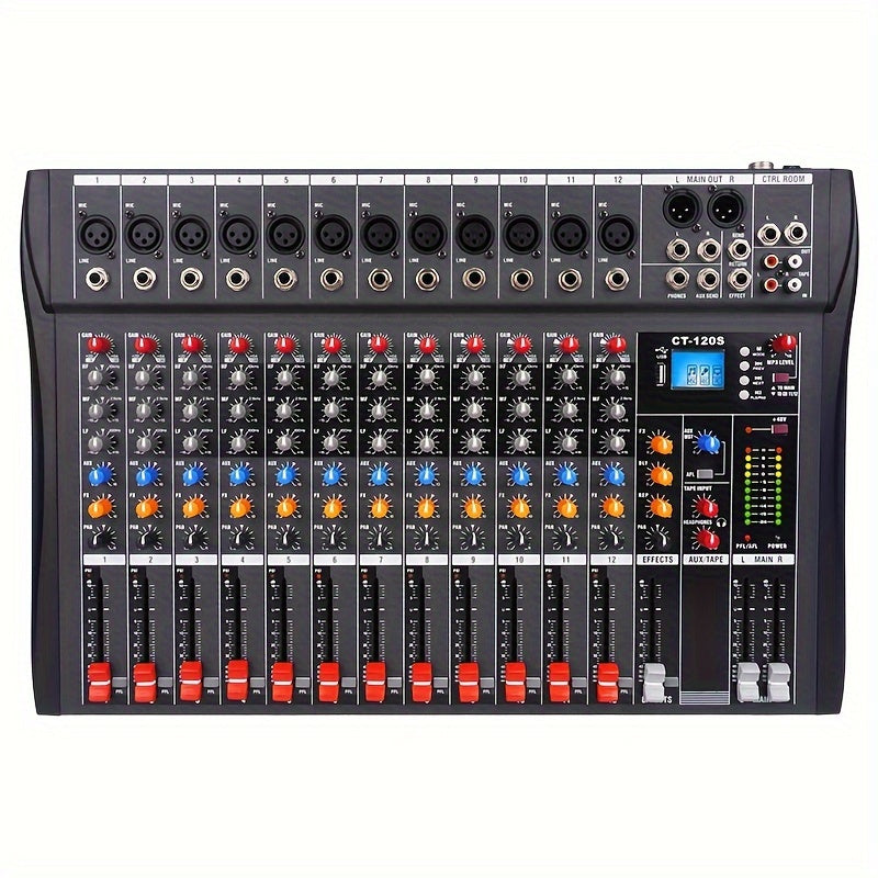 12-Channel Audio Mixer Console with Three-Band Equalizer Labels, USB Marking, Display and Three Model Options