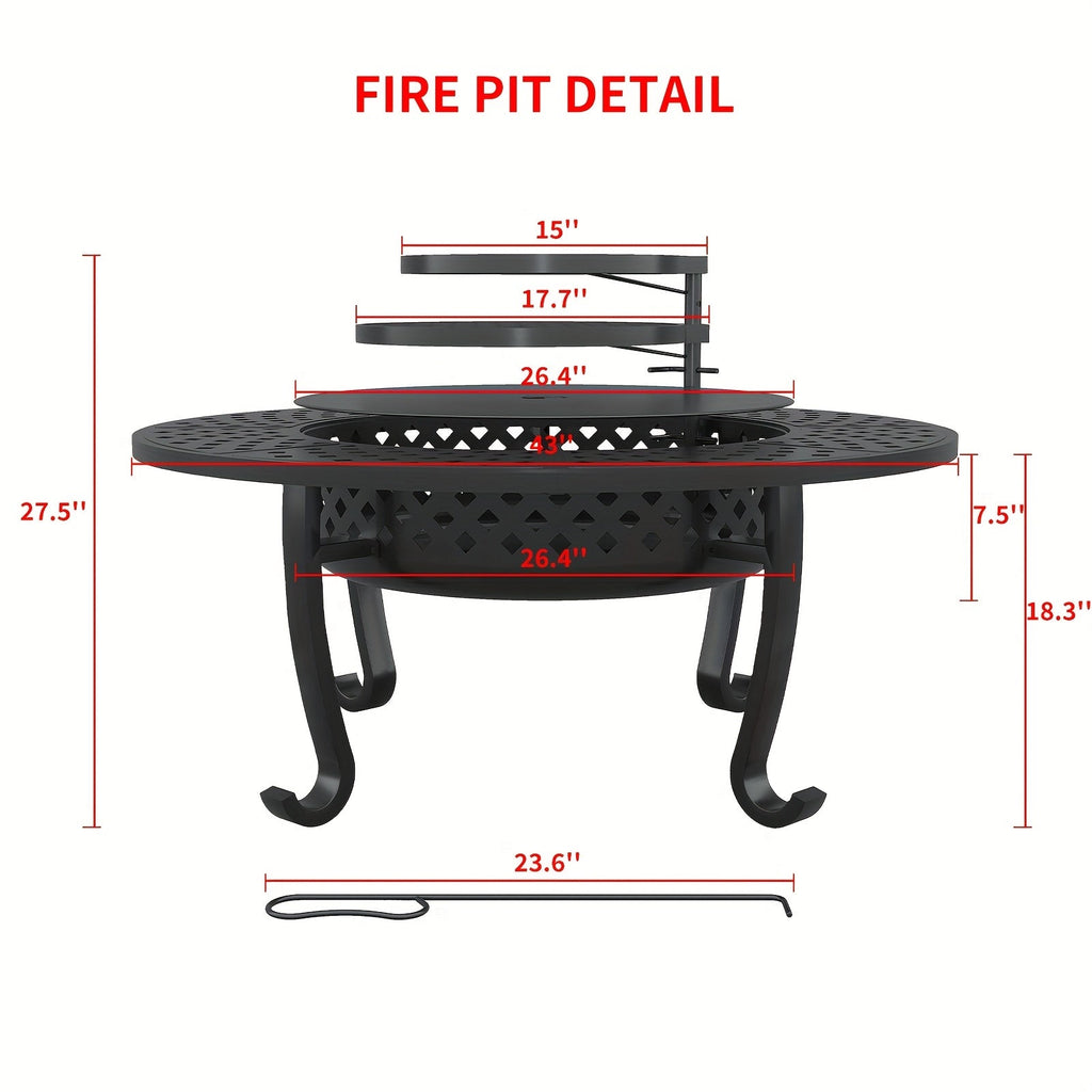 43-Inch Round Fire Pit Table with Two Cooking Grates, Center Lid, Perforated Bowl and Long Poker