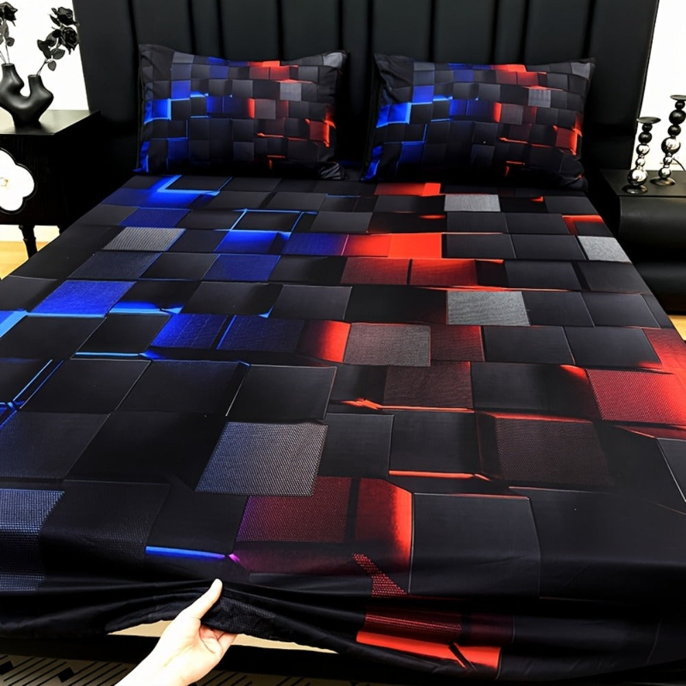 Fitted Sheet Set 3 Piece Digital Print Plaid – Deep Pocket 15 Inch Bed Sheet with 2 Pillowcases, 85% Polyester Soft Breathable Bedding Set
