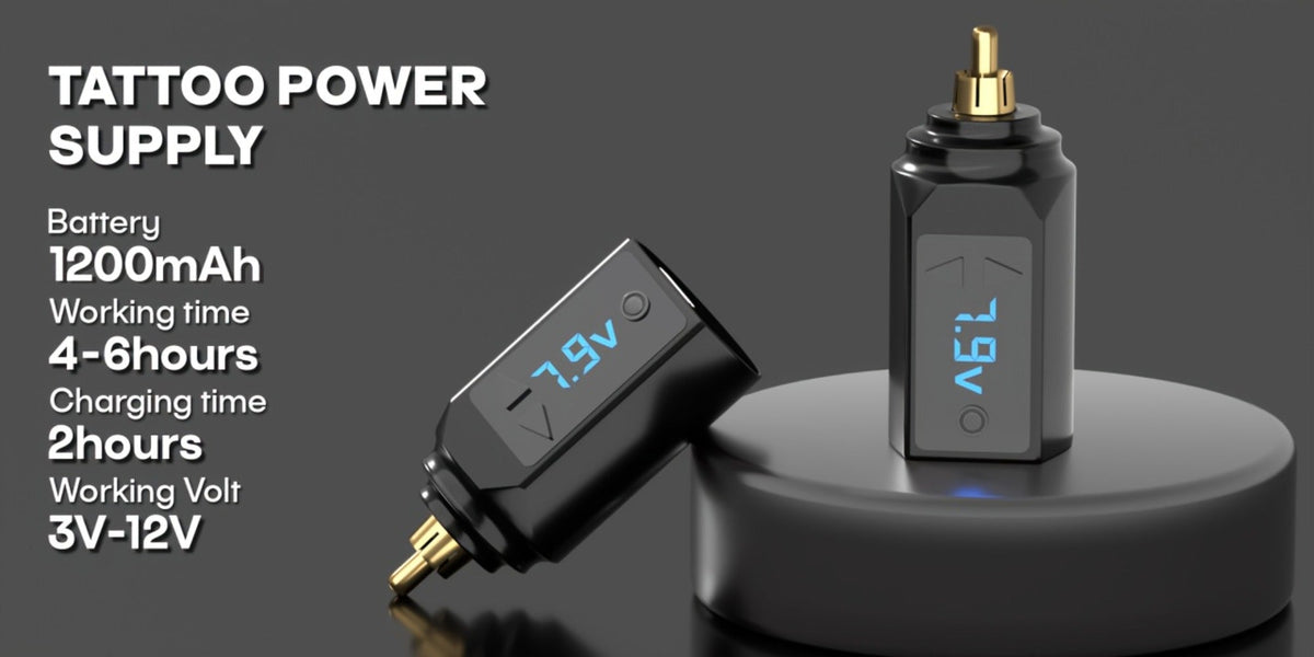 PS083 1200mAh RCA Tattoo Power Supply with LED Voltage Display, 3–12V Control and USB Charging