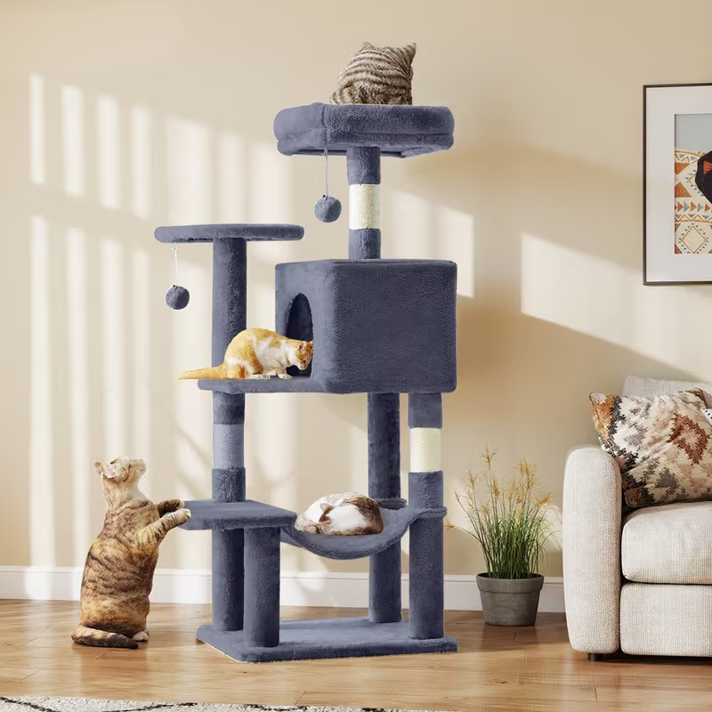 Multi-Level 44in Cat Tower with Enclosed Condo, Hammock, Round Platforms and Sisal-Wrapped Posts