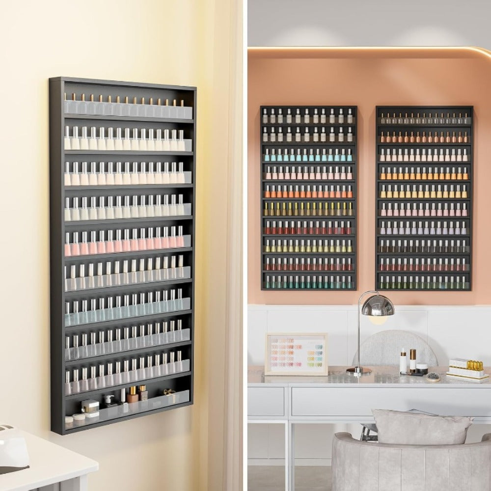 Nail Polish Rack Wall Mount Organizer 6-Tier & 10-Tier with Acrylic Baffle, Salon Display Shelf for Nail