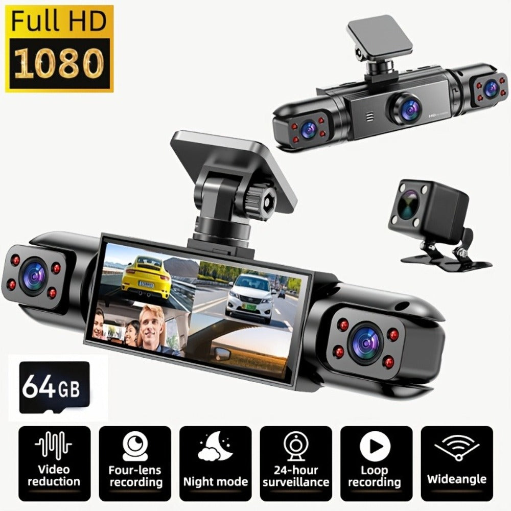 360° 4-Channel Dash Cam 1080P Front + 720P Rear Left Right Full Coverage, WDR Night Vision, G-Sensor, Loop Recording