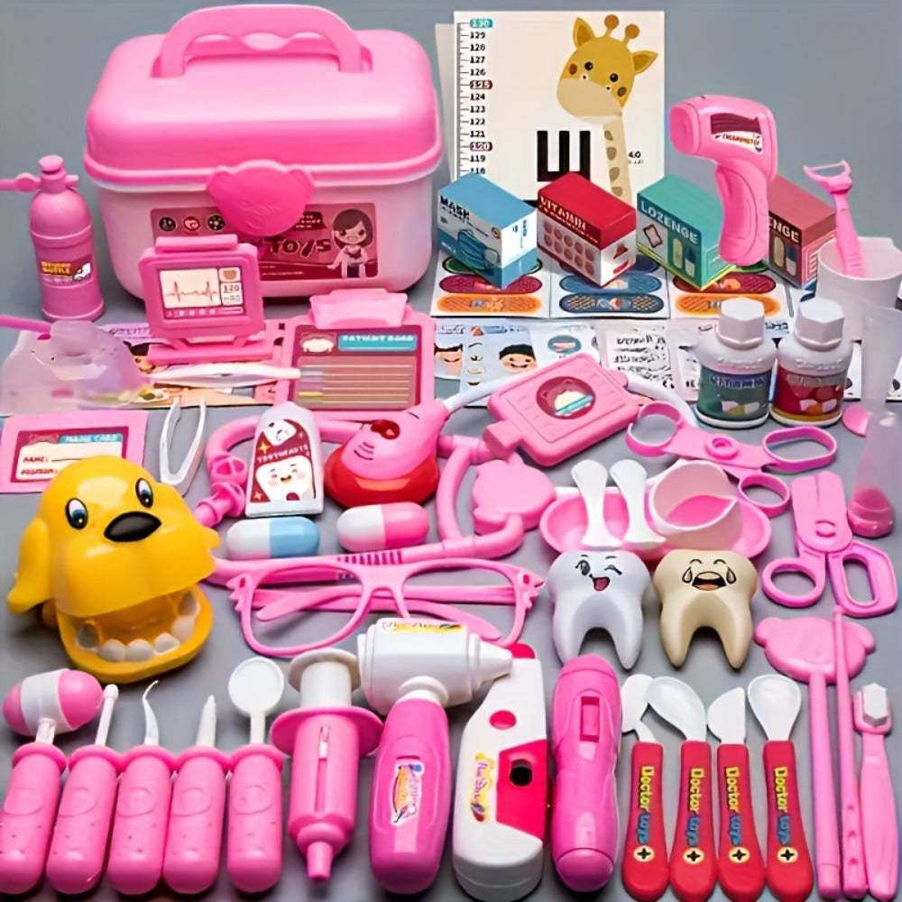 Pink Doctor Pretend Play Toy Set 40pcs for Girls, Simulation Nurse Kit with Stethoscope Injection Dental Tools