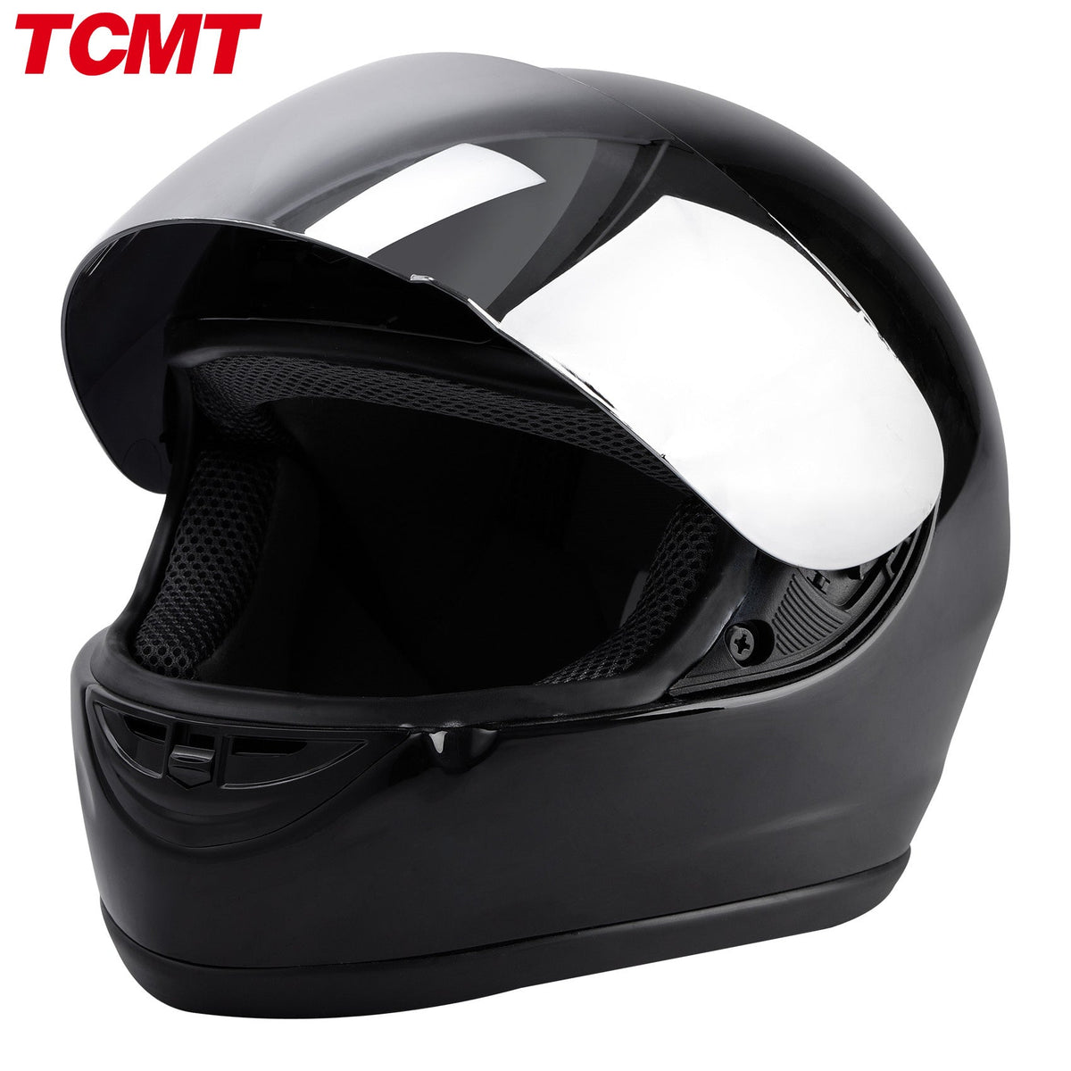 Motorcycle Helmet TCMT Gloss Black Full-Face Shell with Clear Shield, Large Variant, Padded Interior and Rear Vents