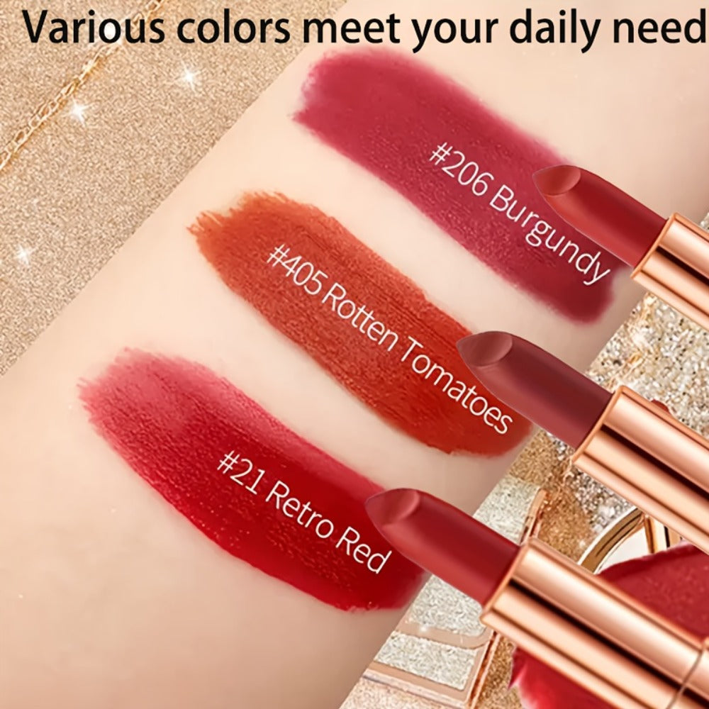 Matte Lipstick Gift Set 3 Pack Velvet Waterproof Long-Lasting Anti-Fading Intense Pigment Full Coverage Lip Color with Elegant Silvery Chain